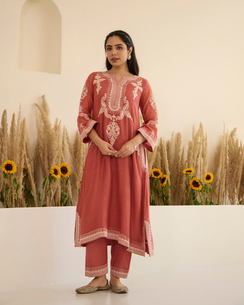 Rust Blush – Dori Embroidered A-Line Suit Set With Pockets